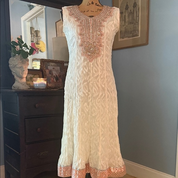 Bohemian Embroidered Hand Beaded White & Silver-Style Women’s Tunic Dress - Picture 2 of 15